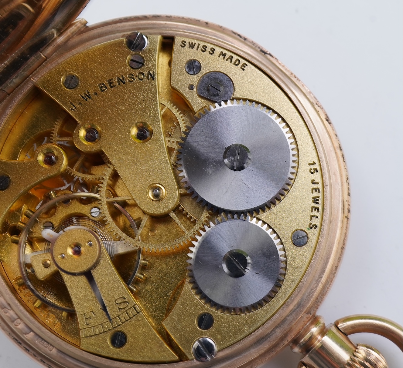 A George V 9ct gold J. W. Benson open faced keyless pocket watch